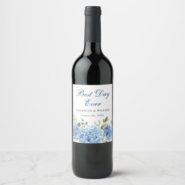 Elegant Blue Hydrangea Eucalyptus Wedding Wine Label (Front)