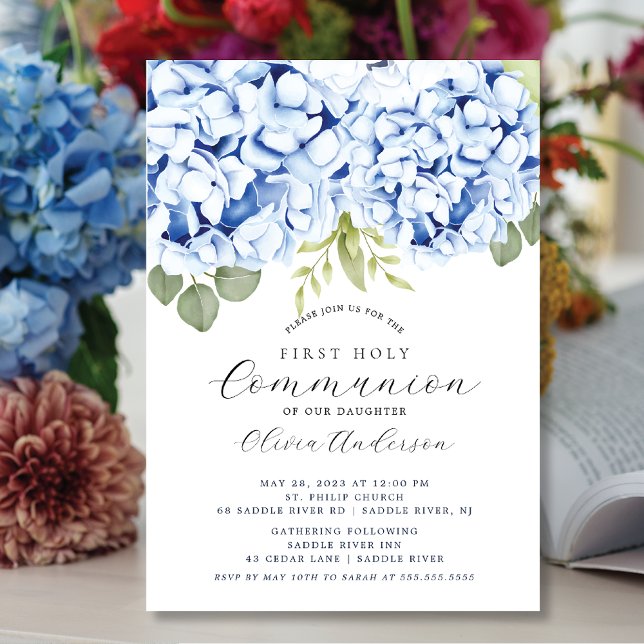 Elégant Blue Hydrangea First Communion Invitation (Créateur téléchargé)