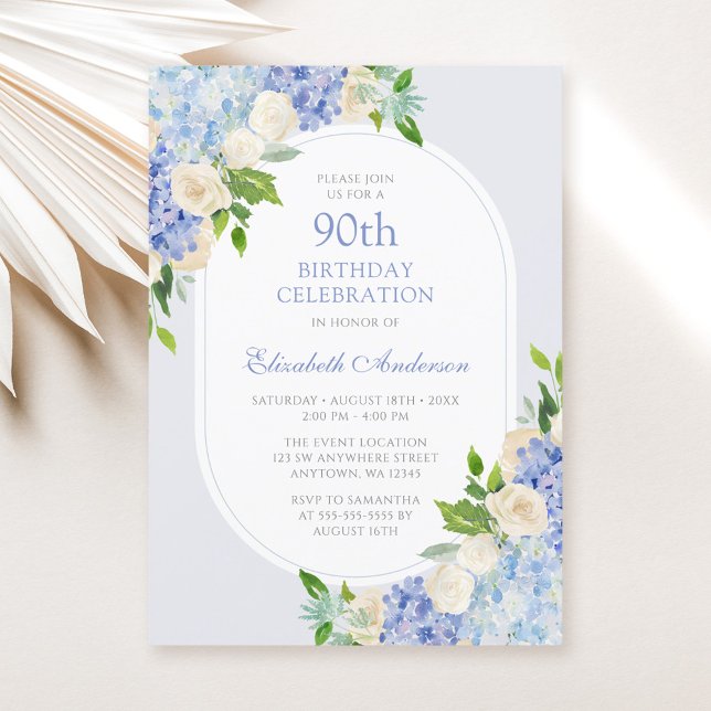 Elegant Blue Hydrangea Floral 90th Birthday Invitation (Creator Uploaded)