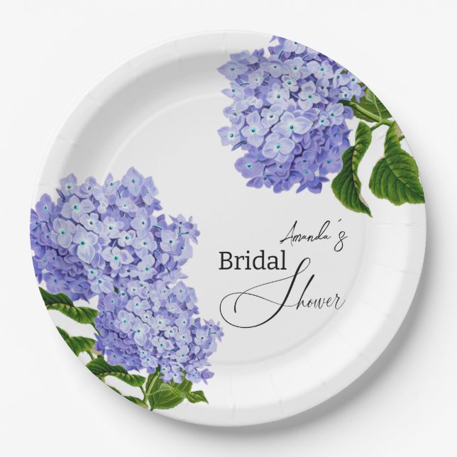 Elegant Blue Hydrangea Floral Bridal Shower Paper Plate (Front)