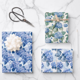 Elegant Blue Hydrangea Floral Pattern Wrapping Paper Sheet
