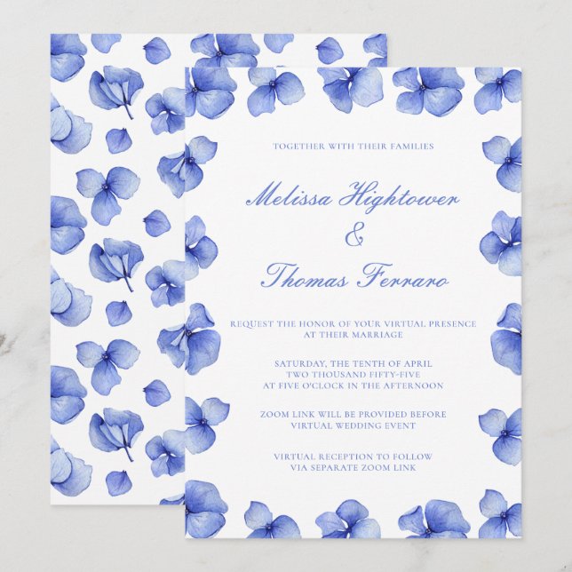 Elegant Blue Hydrangea Floral Virtual Wedding Invitation (Front/Back)