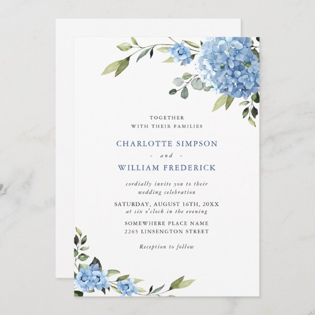 Elegant Blue Hydrangea Floral Wedding All In One Invitation (Front/Back)
