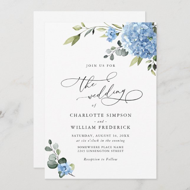 Elegant Blue Hydrangea Floral Wedding All In One Invitation (Front/Back)
