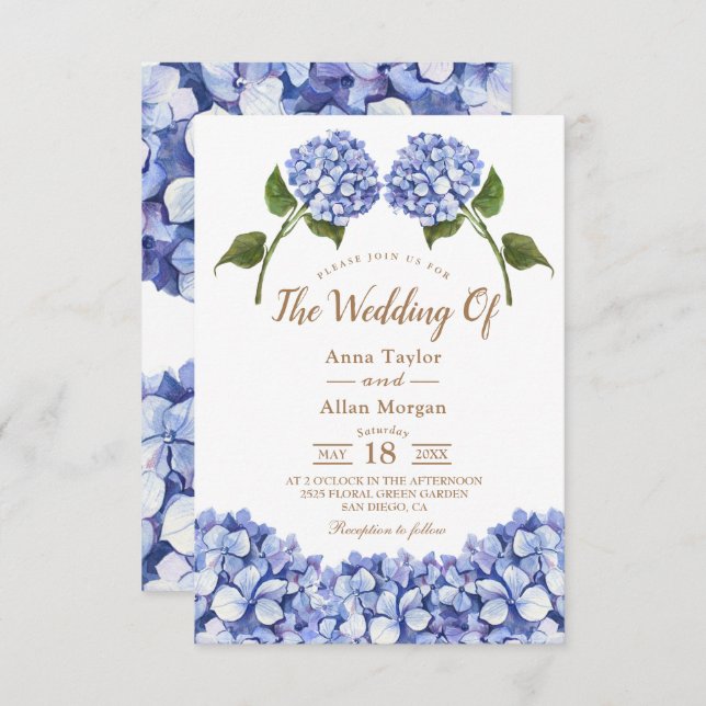 Elegant Blue Hydrangea Floral Wedding Invitation  (Front/Back)