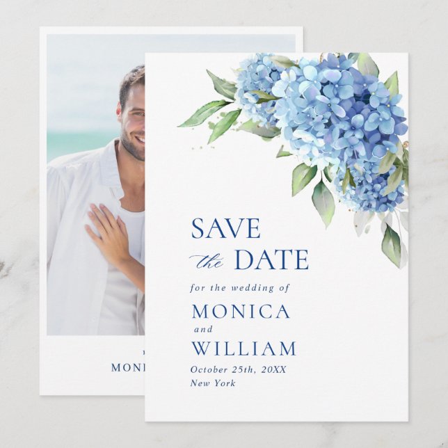 Elegant Blue Hydrangea Floral Wedding Photo Save The Date (Front/Back)