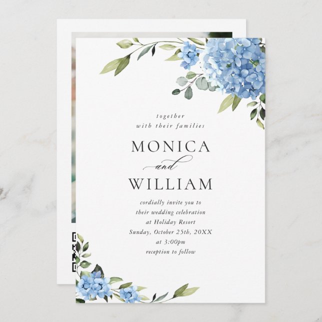 Elegant Blue Hydrangea Floral Wedding QR code Invitation (Front/Back)