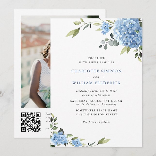 Elegant Blue Hydrangea Floral Wedding QR code Invitation (Front/Back)