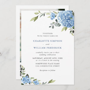 Elegant Blue Hydrangea Floral Wedding QR code Invitation