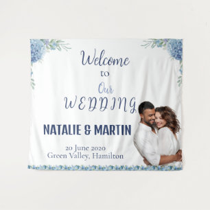 Elegant Blue Hydrangea Floral Wedding Welcome Tapestry