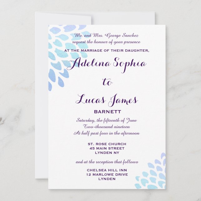 Elegant Blue Hydrangea Formal Wedding Invitation (Front)