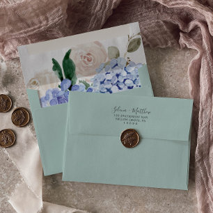 Elegant Blue Hydrangea   Green Wedding Invitation Envelope