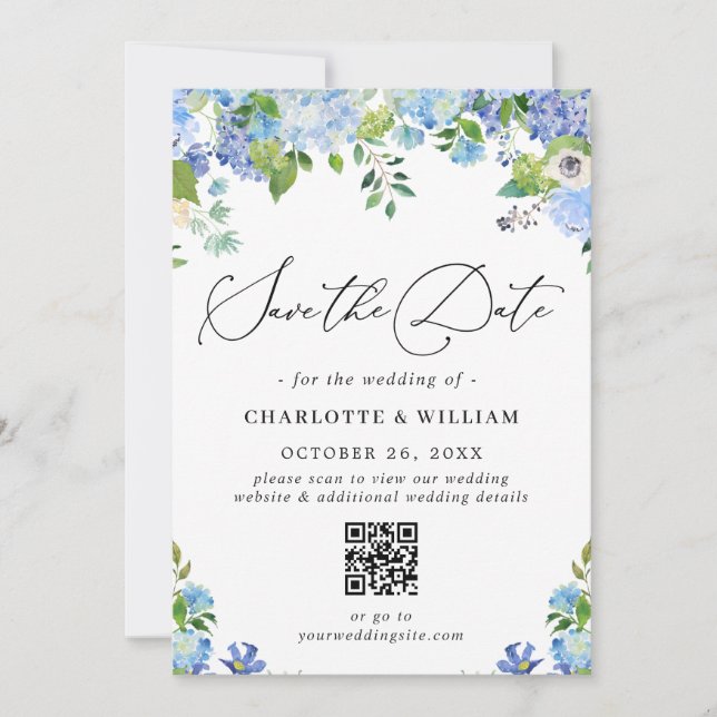 Elegant Blue Hydrangea Greenery Photo Wedding QR Save The Date (Front)