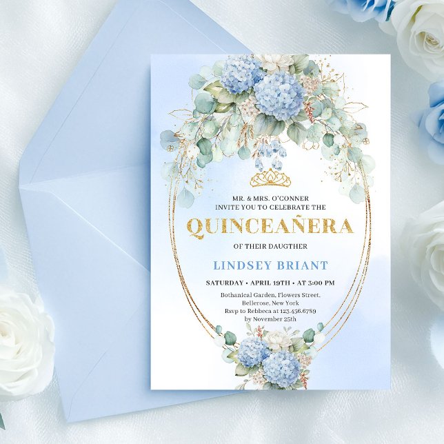 Elegant Blue Hydrangea Greenery Quince Invite (Elegant Blue Hydrangea Greenery Quince Invite)