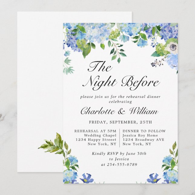 Elegant Blue Hydrangea Greenery Rehearsal Dinner Invitation (Front/Back)