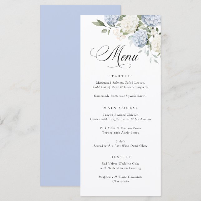 Elegant Blue Hydrangea Greenery Wedding Menu (Front/Back)