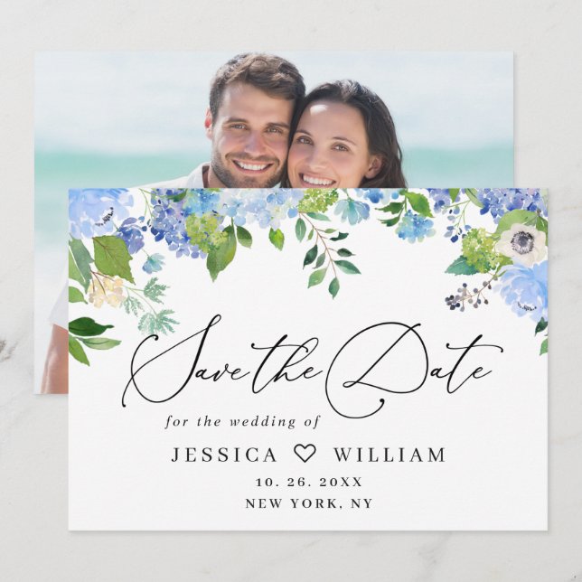 Elegant Blue Hydrangea Greenery Wedding PHOTO Save The Date (Front/Back)
