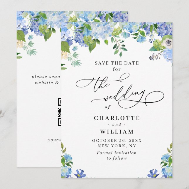 Elegant Blue Hydrangea Greenery Wedding QR Save The Date (Front/Back)