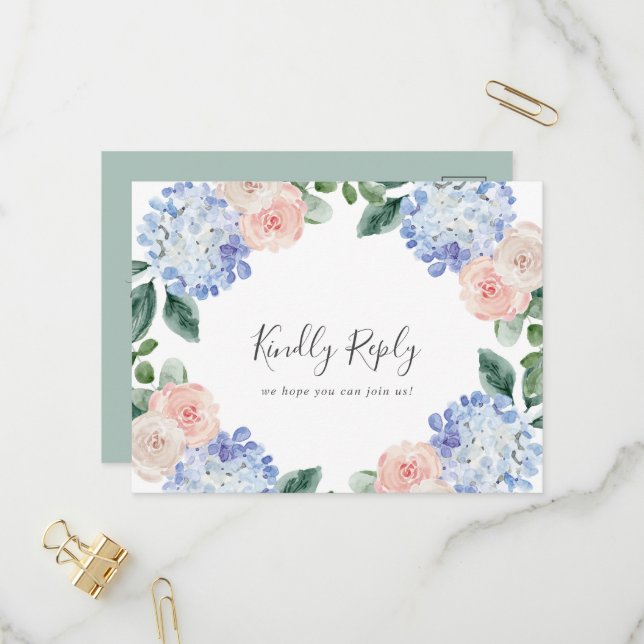 Elegant Blue Hydrangea Menu Choice RSVP Postcard (Front/Back In Situ)