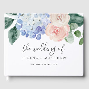 Elegant Blue Hydrangea Monogram Back Wedding Guest Book