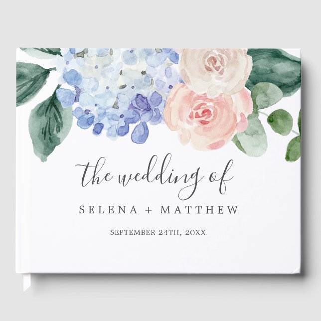 Elegant Blue Hydrangea Monogram Back Wedding Guest Book (Front)