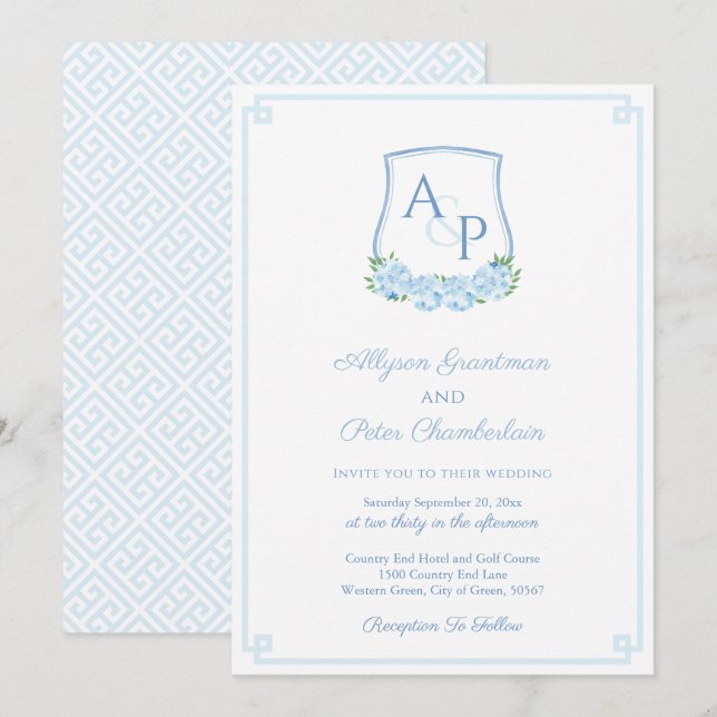 Elegant Blue Hydrangea Monogram Crest Wedding Invitation (Front/Back)