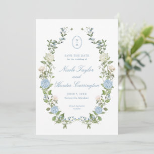 Elegant Blue Hydrangea Monogram Save the Date Invitation