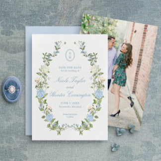 Elegant Blue Hydrangea Monogram Save the Date Invitation
