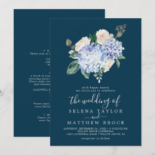 Elegant Blue Hydrangea   Navy All In One Wedding Invitation