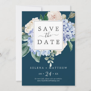 Elegant Blue Hydrangea   Navy Save the Date Card