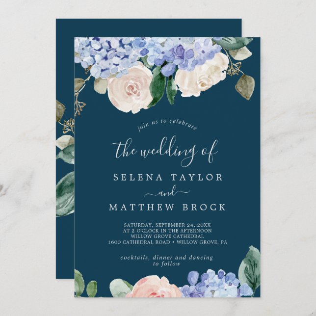 Elegant Blue Hydrangea | Navy The Wedding Of Invitation (Front/Back)