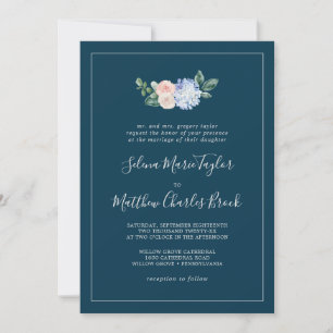 Elegant Blue Hydrangea   Navy Traditional Wedding Invitation