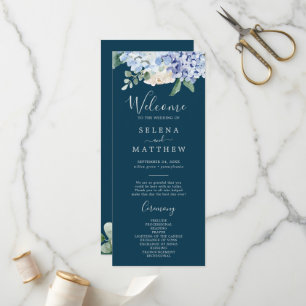 Elegant Blue Hydrangea   Navy Wedding Program