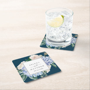 Elegant Blue Hydrangea Navy Wedding Square Paper Coaster
