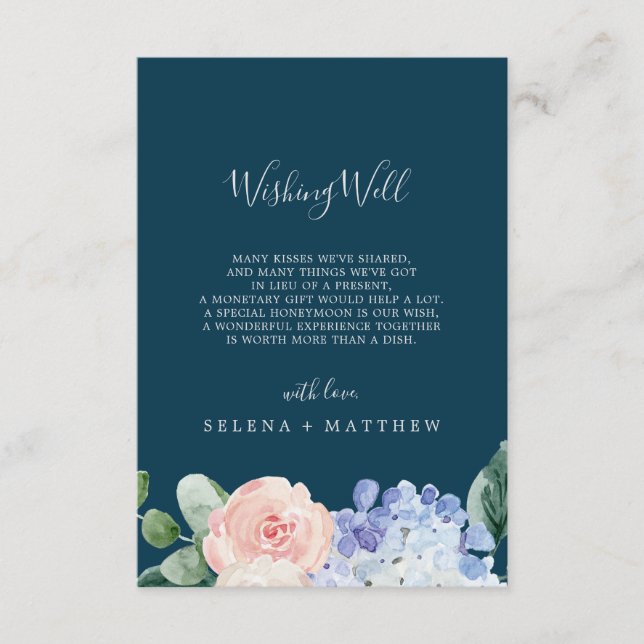 Elegant Blue Hydrangea Navy Wishing Well Card (Front)