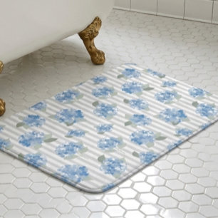 Elegant Blue Hydrangea Pattern Gray Stripe  Bath Mat