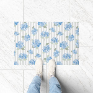Elegant Blue Hydrangea Pattern Gray Stripe  Doormat