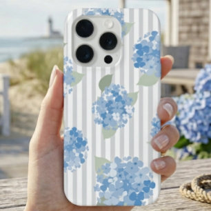 Elegant Blue Hydrangea Pattern Gray Stripe  iPhone 15 Pro Case