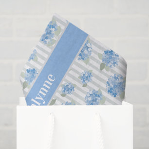 Elegant Blue Hydrangea Pattern Gray Stripe Name Tissue Paper