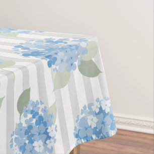 Elegant Blue Hydrangea Pattern Gray Stripe  Tablecloth