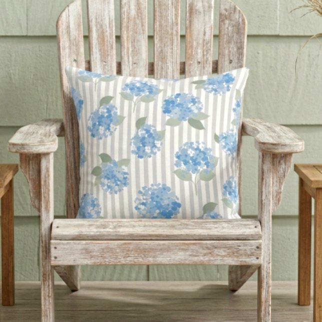 Elegant Blue Hydrangea Pattern Gray Stripe  Throw Pillow (Creator Uploaded)