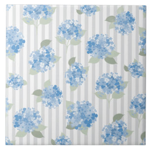 Elegant Blue Hydrangea Pattern Gray Stripe  Tile