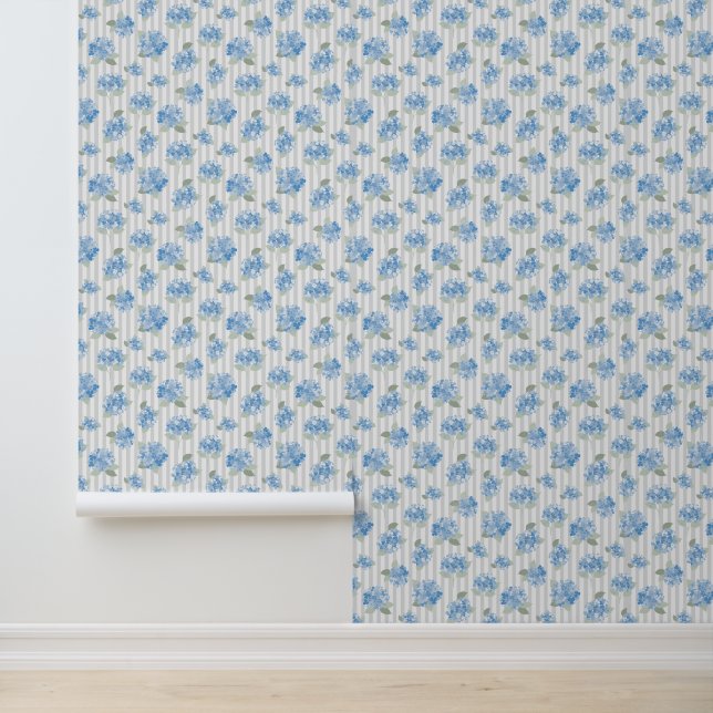 Elegant Blue Hydrangea Pattern Gray Stripe  Wallpaper (Application)