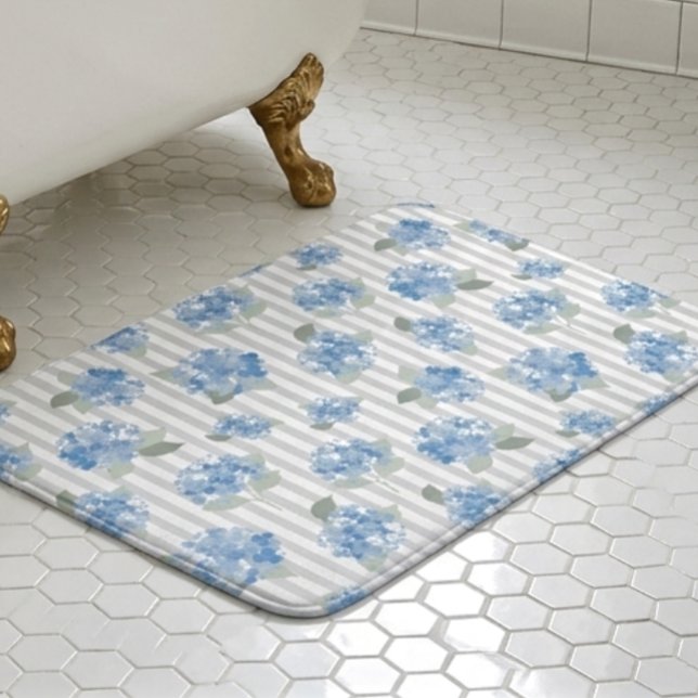Elegant Blue Hydrangea Pattern Grey Stripe  Bath Mat (Creator Uploaded)