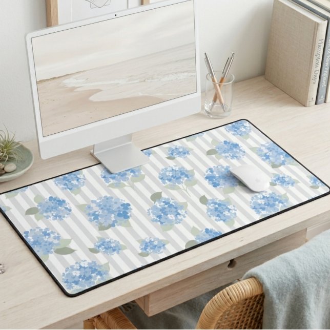 Elegant Blue Hydrangea Pattern Grey Stripe  Desk Mat (Creator Uploaded)