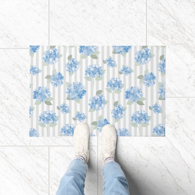 Elegant Blue Hydrangea Pattern Grey Stripe  Doormat (Indoor)