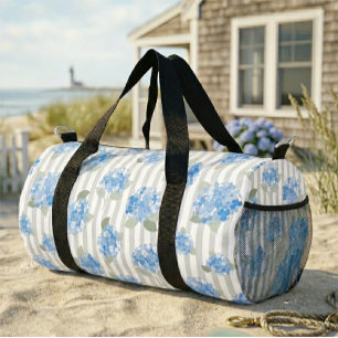Elegant Blue Hydrangea Pattern Grey Stripe  Duffle Bag