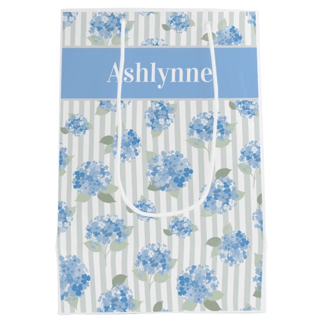 Elegant Blue Hydrangea Pattern Grey Stripe Name Medium Gift Bag (Back)