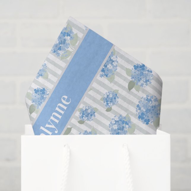 Elegant Blue Hydrangea Pattern Grey Stripe Name Tissue Paper (Gift Bag)