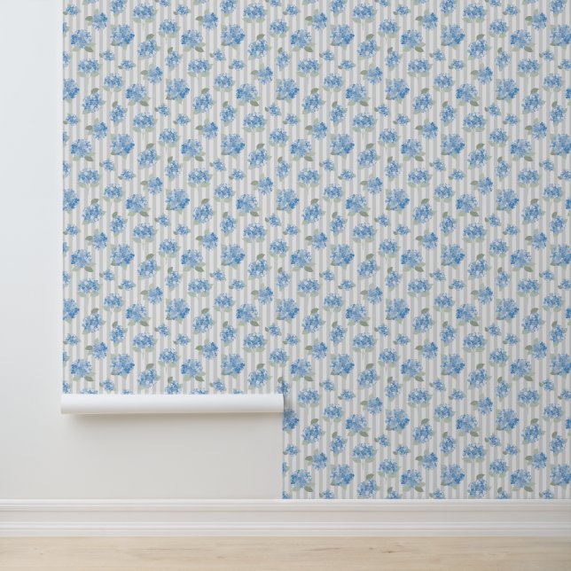 Elegant Blue Hydrangea Pattern Grey Stripe  Wallpaper (Application)